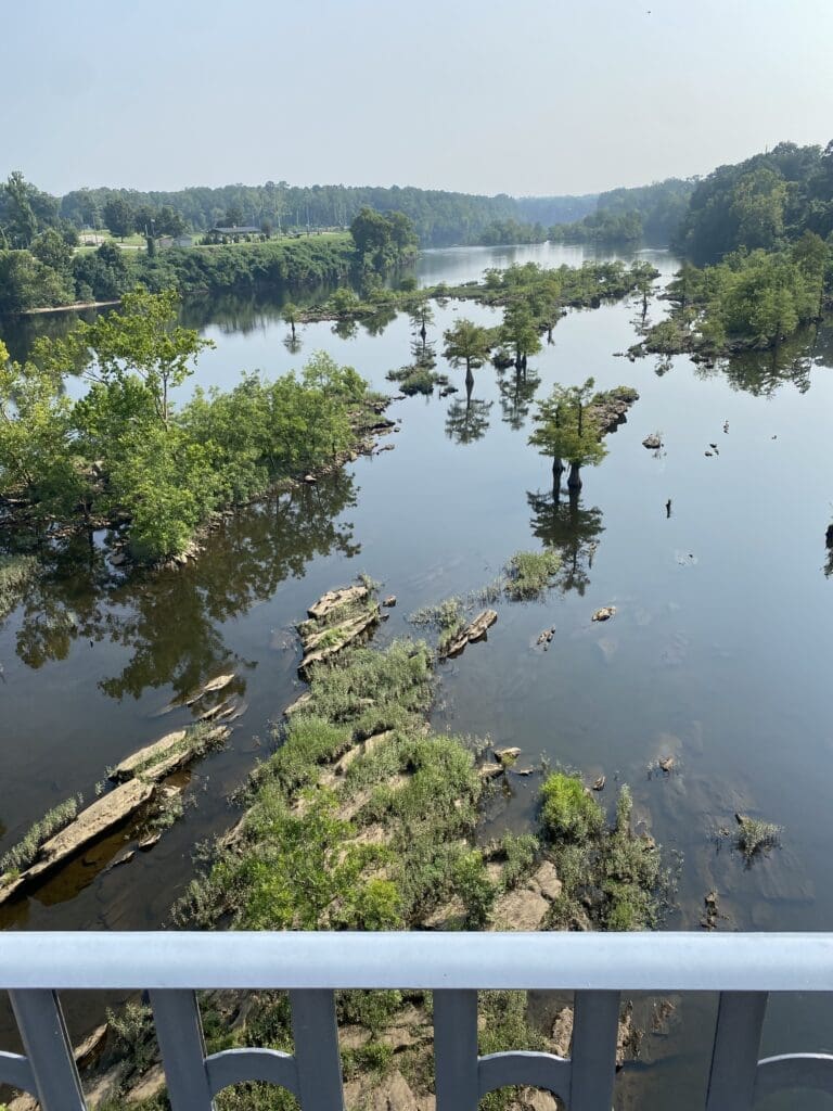 Rock islands in the Coosa River as viewed from a bridge. Rocks are angled slightly due to meteor impact.