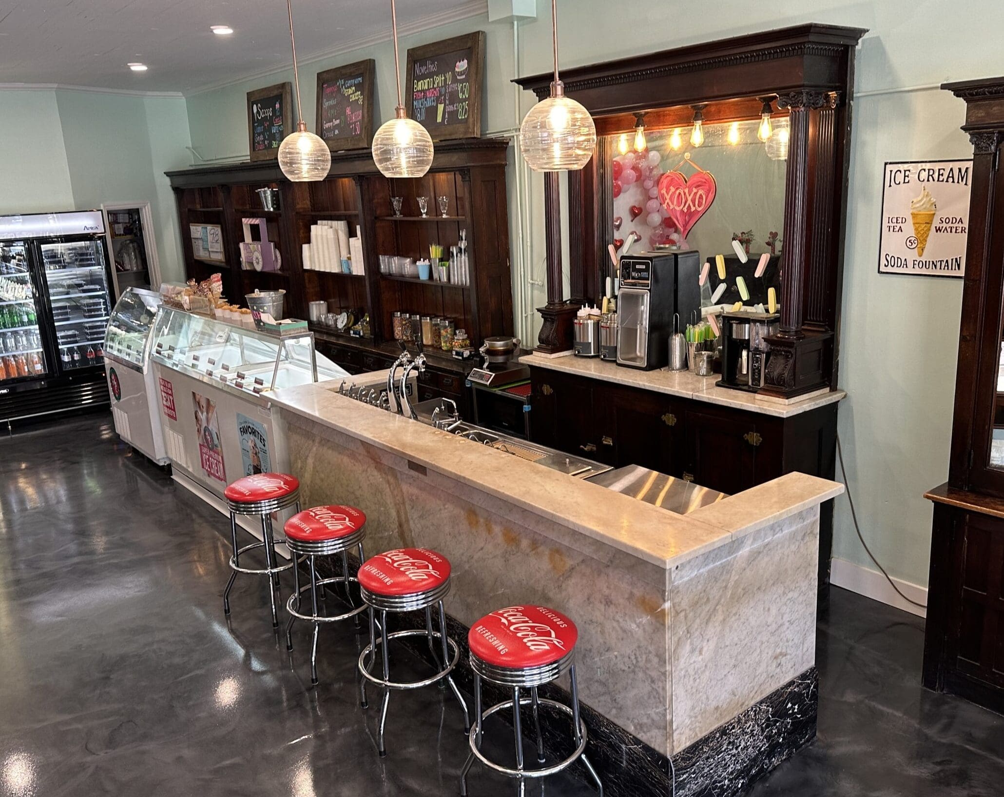 Restored soda fountain bar inside Lasters in downtown Springville, AL.