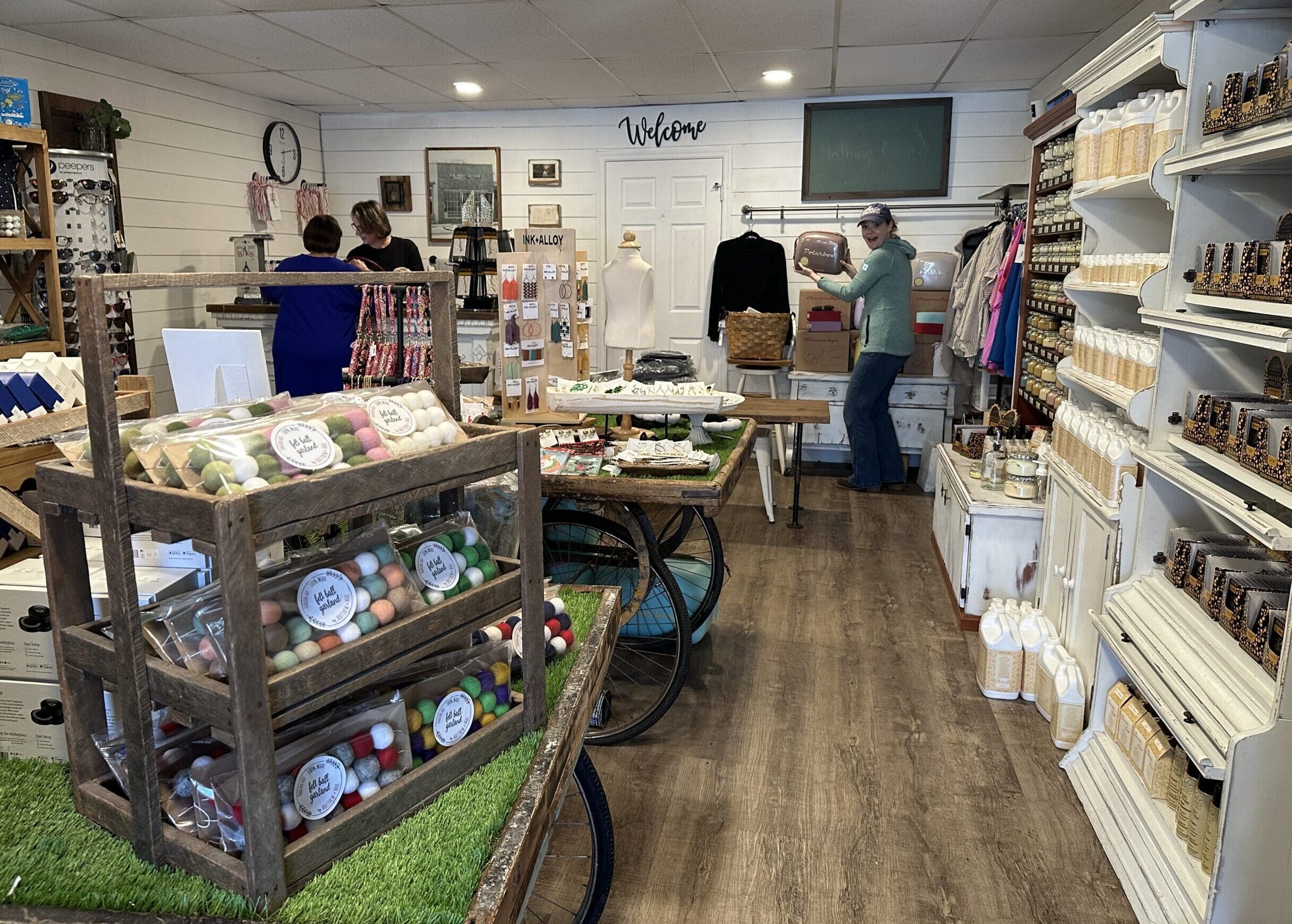 Interior of The Ole Post Office boutique in Springville, AL. Various goods, such as soaps, for sale.
