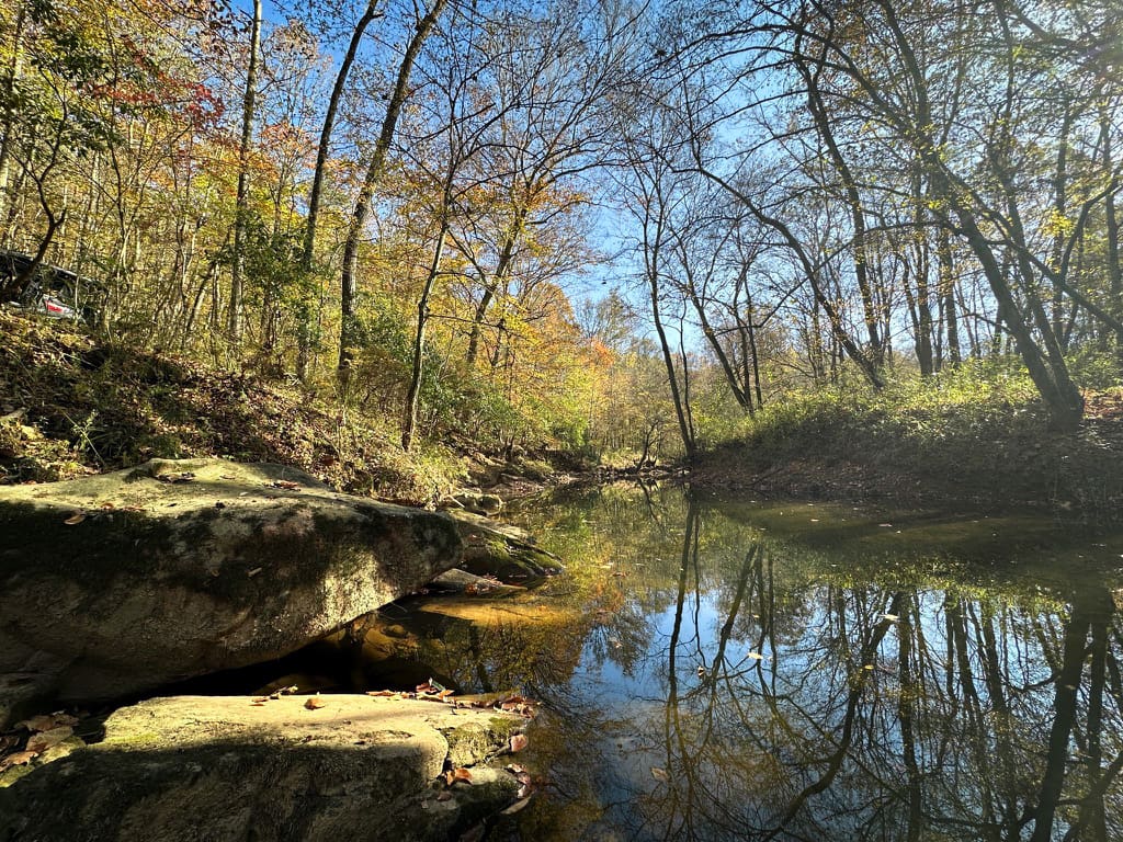 A creek, about 20-feet-wide, with big rocks and late fall colors in the overhanging trees.