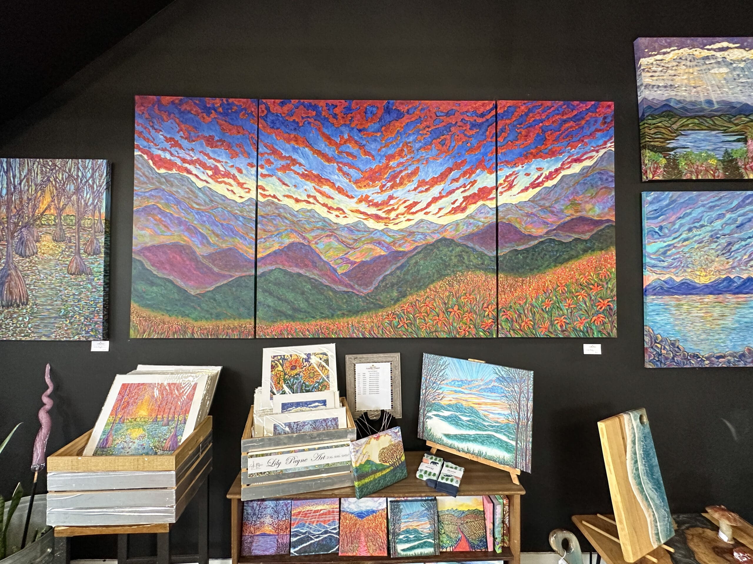 Various paintings on the wall featuring stylized, heavily colored nature scenes such as a mountain view and a swamp.