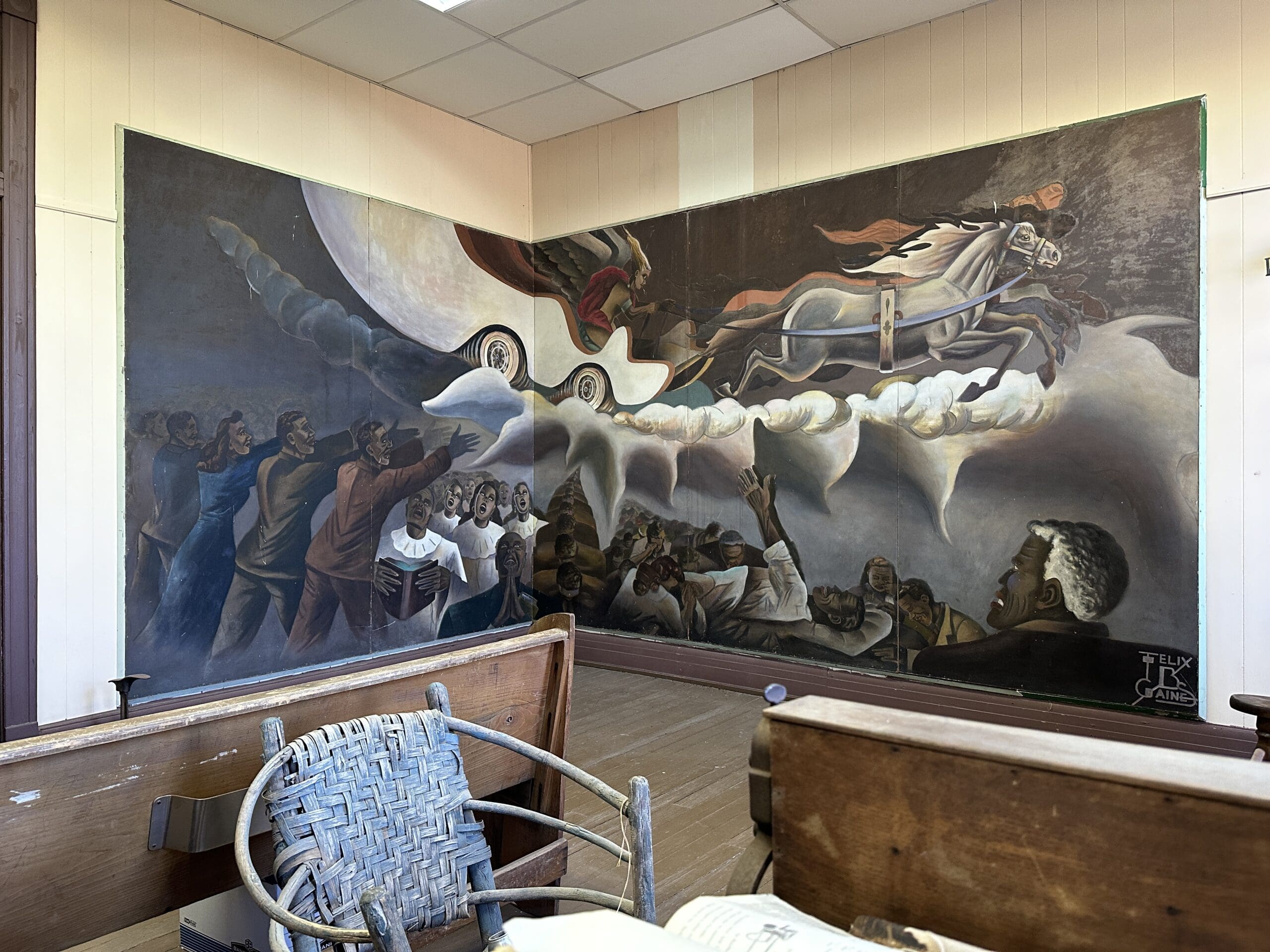 "Swing Low, Sweet Chariot": a large mural of Black people in a church choir singing and lifting their hands as a chariot from Heaven rides a cloud above them.